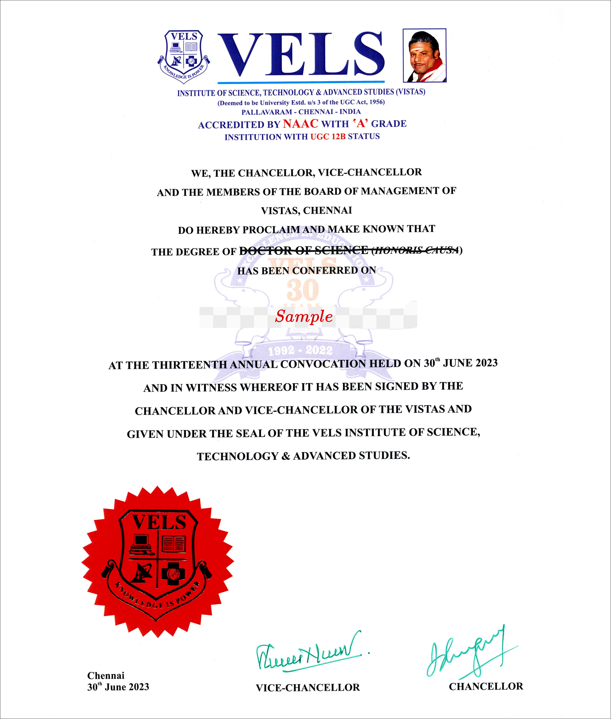 VELS Sample Certificate